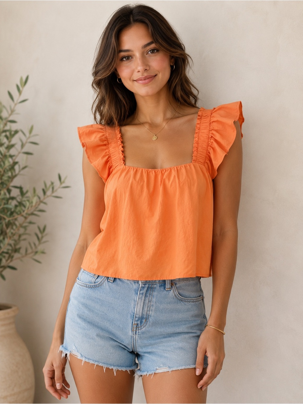 Sunday Up Coral Ruffle Sleeve Peplum Top Square Neck Size Small